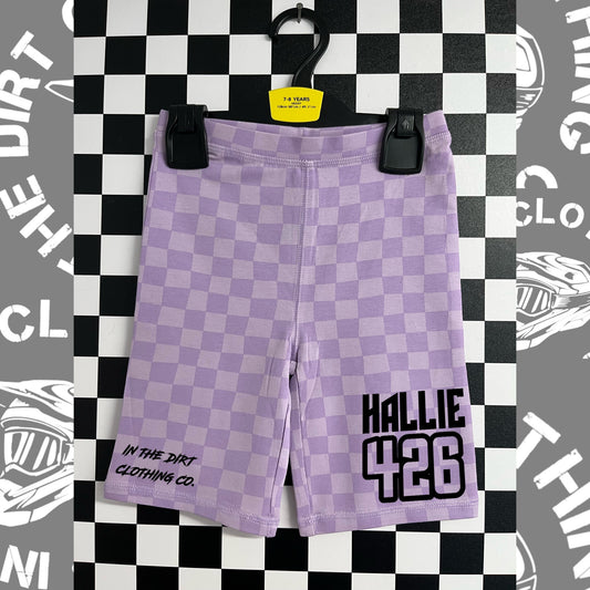 Purple checkered cycling shorts