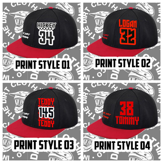 Red and black snap back hat